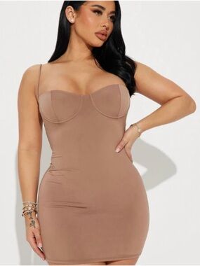 Fashion Nova Taupe Bodycon Mini Dress with Spaghetti Straps